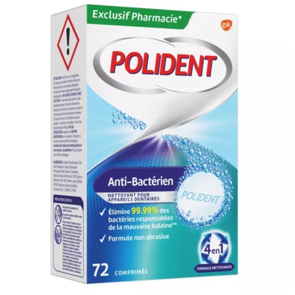 Polident Anti-Bactérien Nettoyant pour Appareils Dentaires 72 comprimés