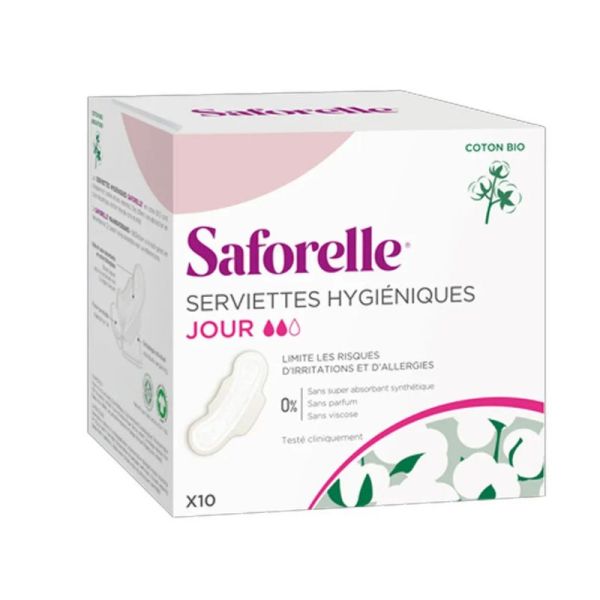 Saforelle Serviettes hygiéniques jour avec ailettes coton bio x10 Serviettes hygiéniques