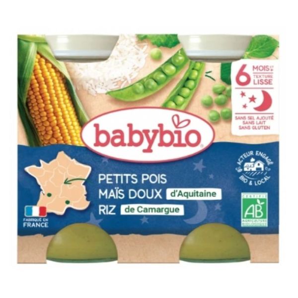 Babybio Bonne Nuit Petits Pois Maïs Doux Riz 6 Mois et + Bio 2 Pots de 200 g