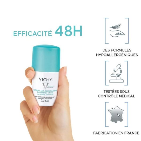 Vichy déodorant anti-transpirant 48h roll-on peaux sensibles lot de 2 x 50 ml