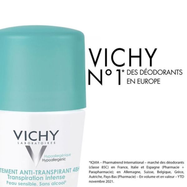 Vichy déodorant anti-transpirant 48h roll-on peaux sensibles lot de 2 x 50 ml