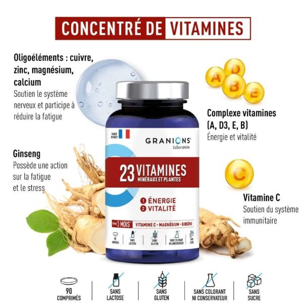 Granions 23 vitamines minéraux et plantes énergie 90 comprimés