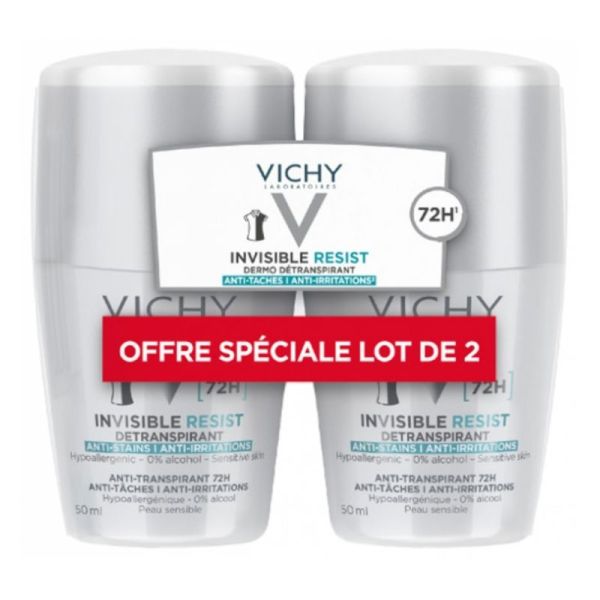 Vichy déodorant invisible resist dermo détranspirant 72h roll-on lot de 2 x 50 ml