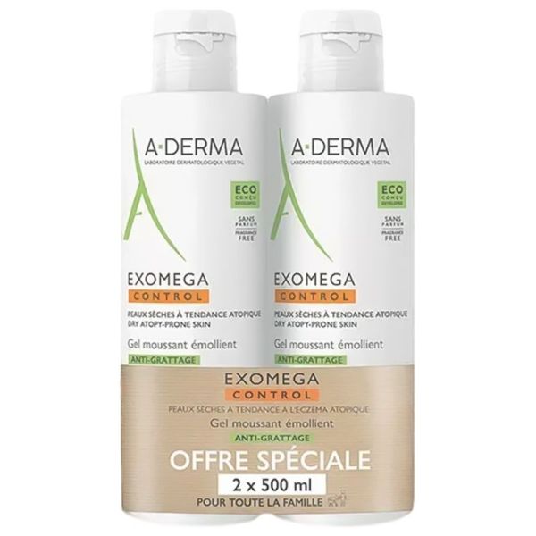 A-DERMA Exomega Control gel moussant émollient anti-grattage Lot de 2 x 500 ml