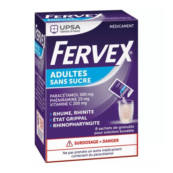 UPSA Fervex Adultes Sans Sucre Rhume Rhinite 8 sachets