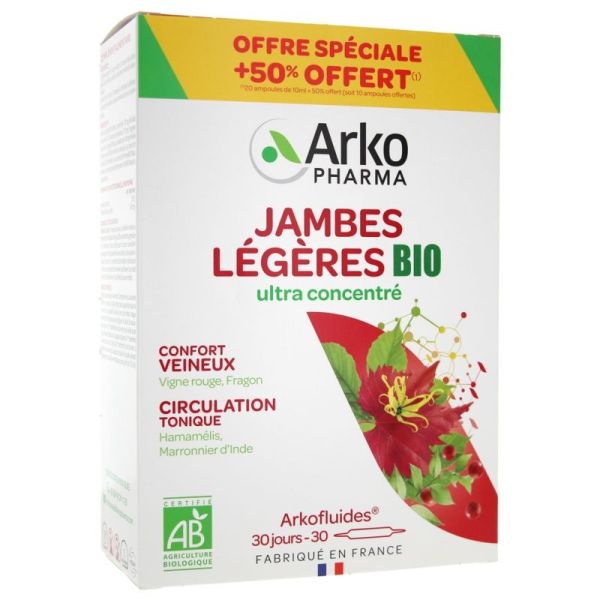 Arkofluides Jambes Légères Bio 20 ampoules + 10 ampoules offertes