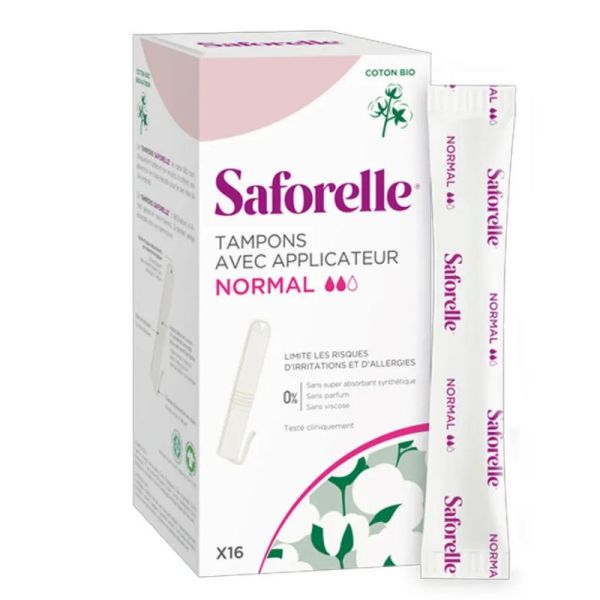 Saforelle tampons avec applicateur Normal coton bio 16 tampons