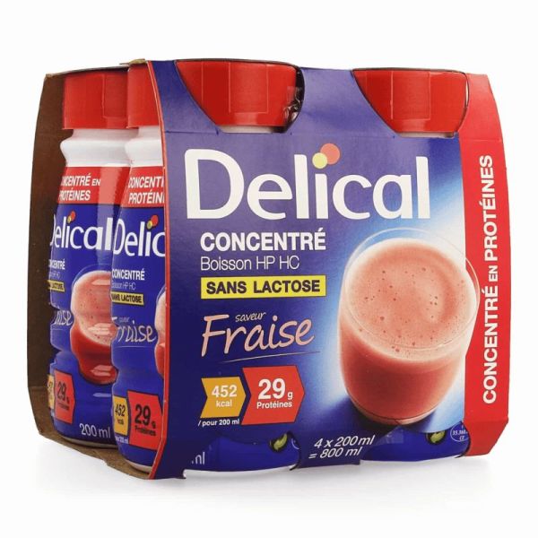 Delical Concentré Boisson HP/HC Sans Lactose Saveur Fraise 4x200 ml