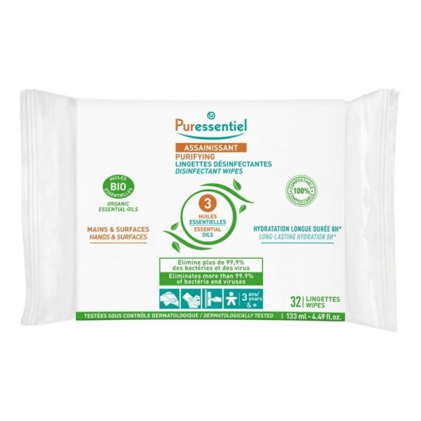 Puressentiel Assainissant Lingettes Désinfectantes aux 3 Huiles Essentielles 32 Lingettes