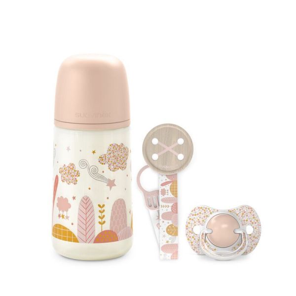 Suavinex Coffret biberon + sucette + attache-sucette Dreams 0-6 mois Pink