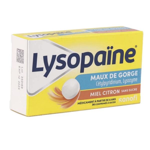 Lysopaïne 36 comprimés sans sucre goût miel citron