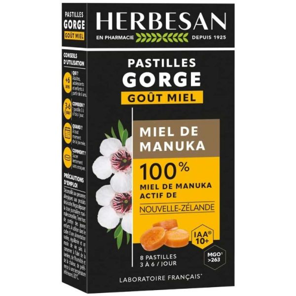 Herbesan miel de manuka pastilles gorge 100% Miel IAA 10+ 8 pastilles