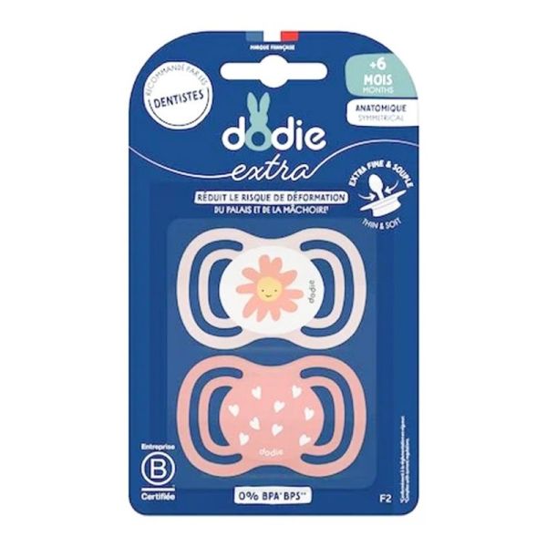 Dodie extra 2 sucettes anatomiques symmetrical + 6 mois fleur coeurs