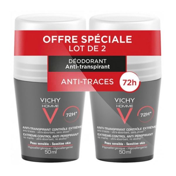 Vichy homme déodorant anti-transpirant 72h contrôle extrême roll-on lot de 2 x 50 ml