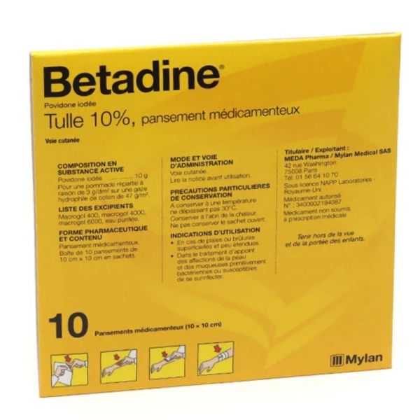Bétadine Tulle 10 pansements 10x10cm