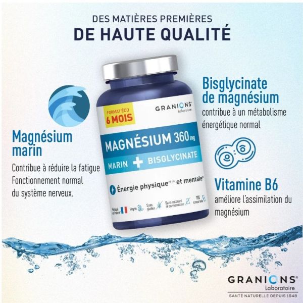 Granions Magnésium Marin 360mg + bisglycinate format éco 6 mois 180 comprimés