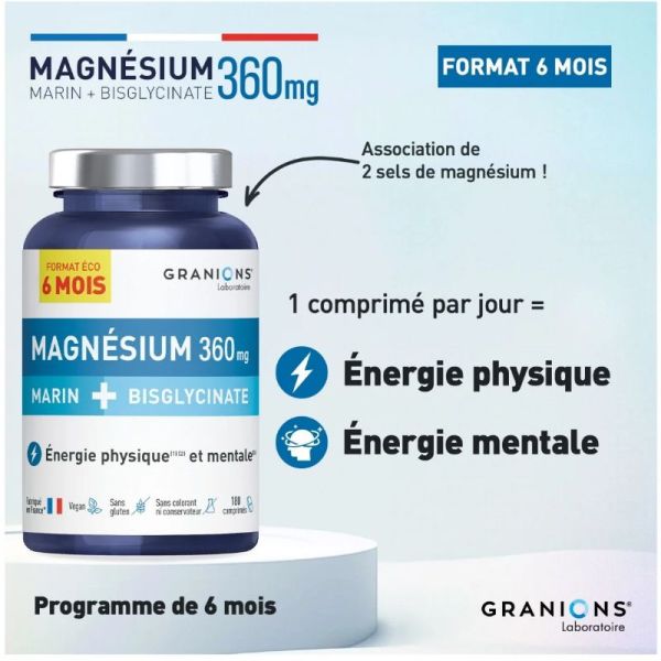 Granions Magnésium Marin 360mg + bisglycinate format éco 6 mois 180 comprimés