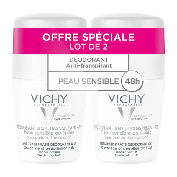 Vichy déodorant anti-transpirant 48h peaux sensibles ou épilées roll-on lot de 2 x 50 ml