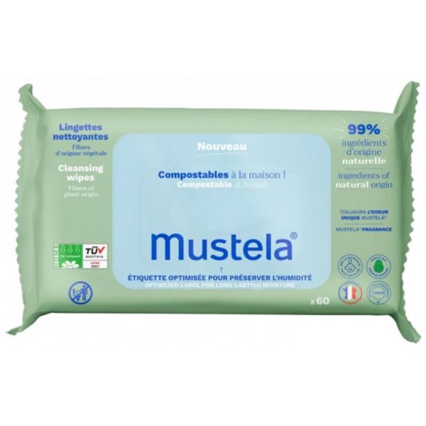 Mustela lingettes nettoyantes compostables parfumée 60 lingettes