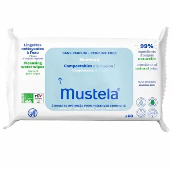 Mustela Lingettes nettoyantes compostables sans parfum 60 lingettes