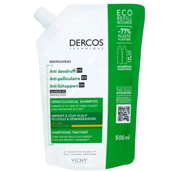 Vichy Dercos shampoing traitant anti-pelliculaire DS cheveux secs Éco-Recharge 500 ml