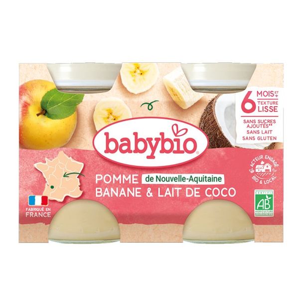 Babybio Petit pot fruits Pomme de Nouvelle-Aquitaine Banane Lait de Coco 2x130g