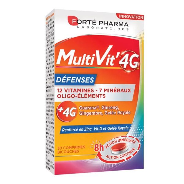 Forté Pharma MultiVit'4G Multivitamines et Défenses renforcé en Zinc et Vitamine D 30 comprimés
