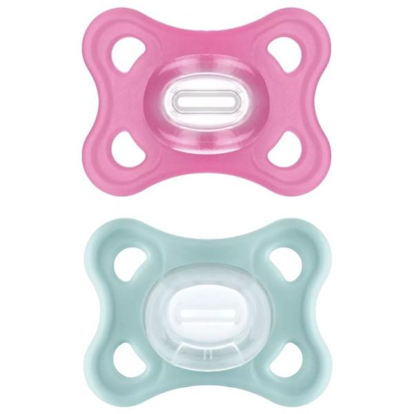MAM Comfort 2 sucettes en silicone 0 mois et + et une boîte de stérilisation rose