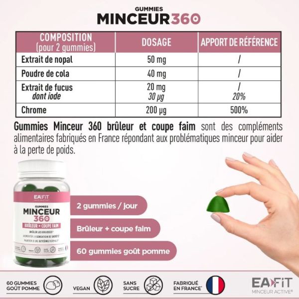 Eafit Minceur 360 brûleur + coupe faim goût pomme 60 gummies