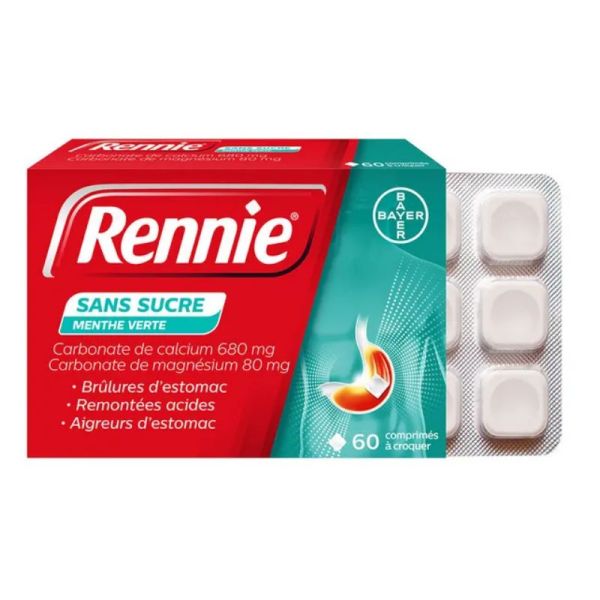 Rennie sans sucre menthe verte 60 comprimés à croquer