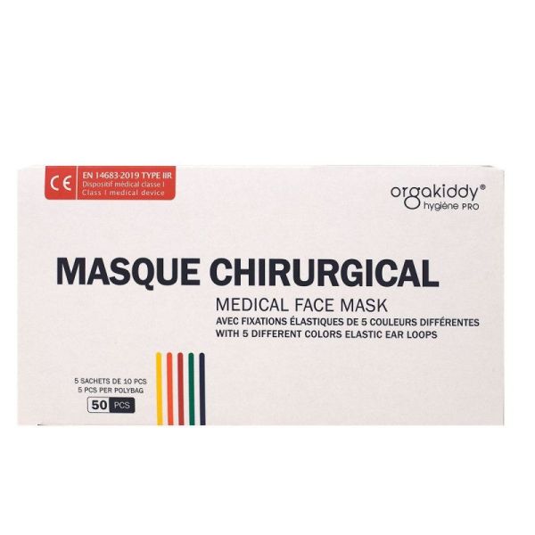 50 masques chiurugicaux avec fixations élastiques 5 couleurs