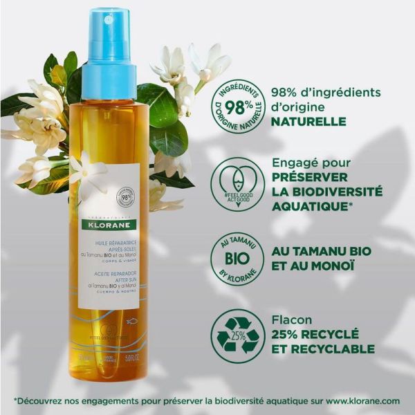 Klorane Monoi et Tamanu Bio huile réparatrice après-soleil 150ml