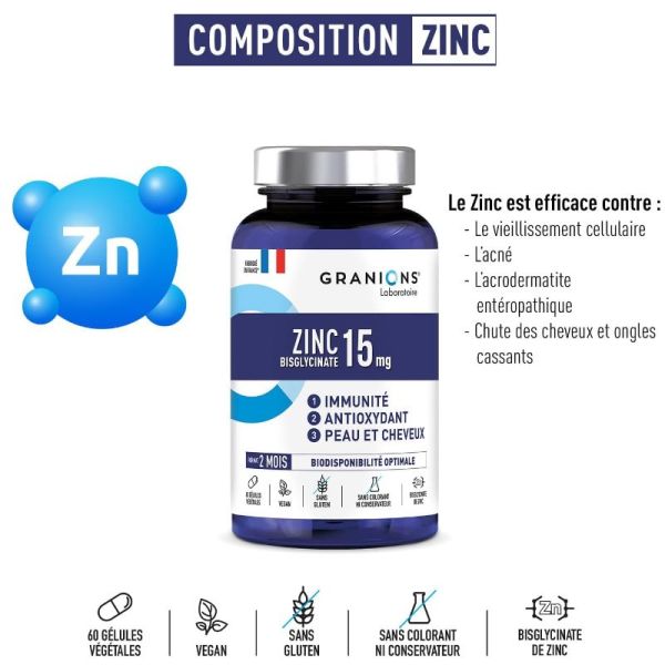 Granions Zinc Bisglycinate 15mg peau et cheveux 60 gélules