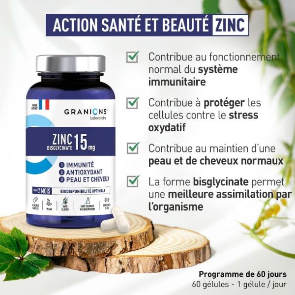 Granions Zinc Bisglycinate 15mg peau et cheveux 60 gélules