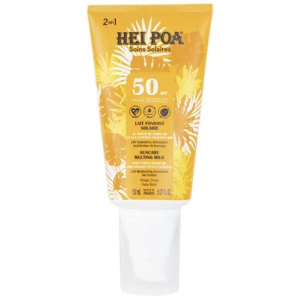 Hei Poa lait fondant solaire SPF50+ au Monoï de Tahiti hydratant et aux extraits végétaux Bio 150 ml