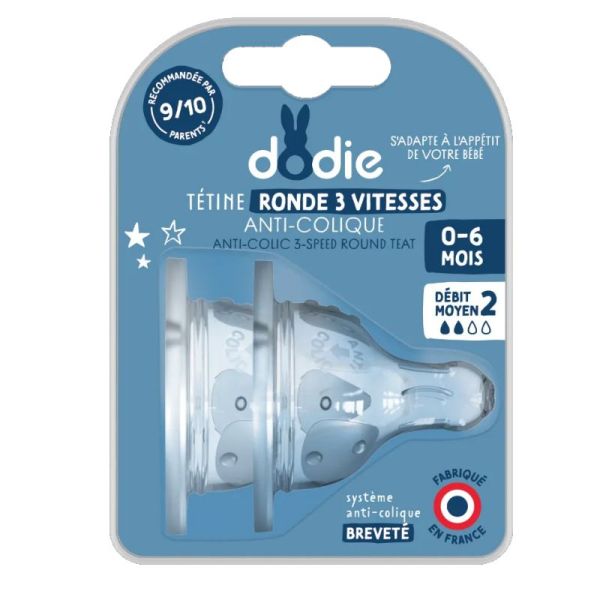 Dodie 2 tétines col large 3 vitesses 0-6 mois silicone