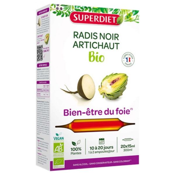 Superdiet radis noir artichaut bien-être du foie bio 20 ampoules