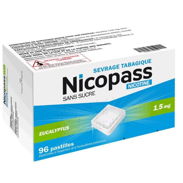 Nicopass 1.5mg eucalyptus sans sucre 96 pastilles à sucer