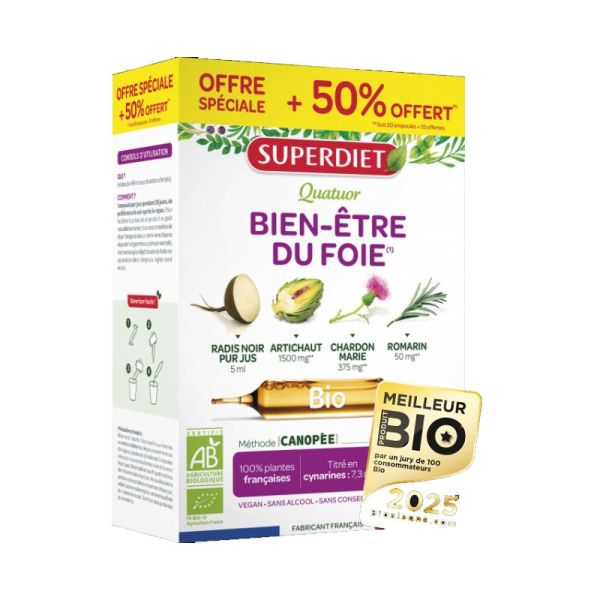 Superdiet Quatuor Chardon Marie Bien-Être du foie Bio 20 Ampoules + 10 Offertes