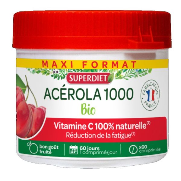 Superdiet Acérola 1000 bio 60 comprimés sécables à croquer + 12 comprimés Offerts