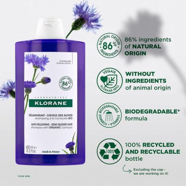 Klorane Centaurée Bio shampoing déjaunissant cheveux gris blonds 400ml